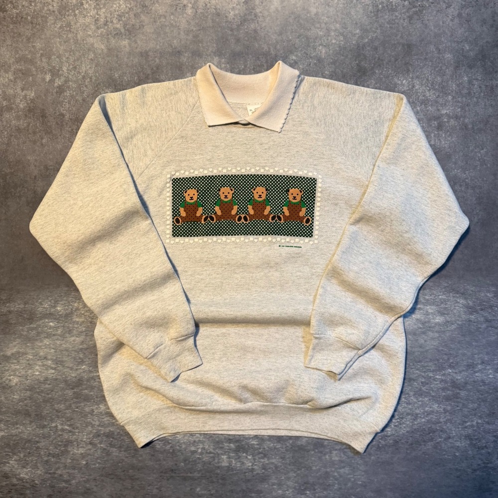 Vintage‎ Granny Teddy Bear Collared Crewneck Sweatshirt XL Made In USA